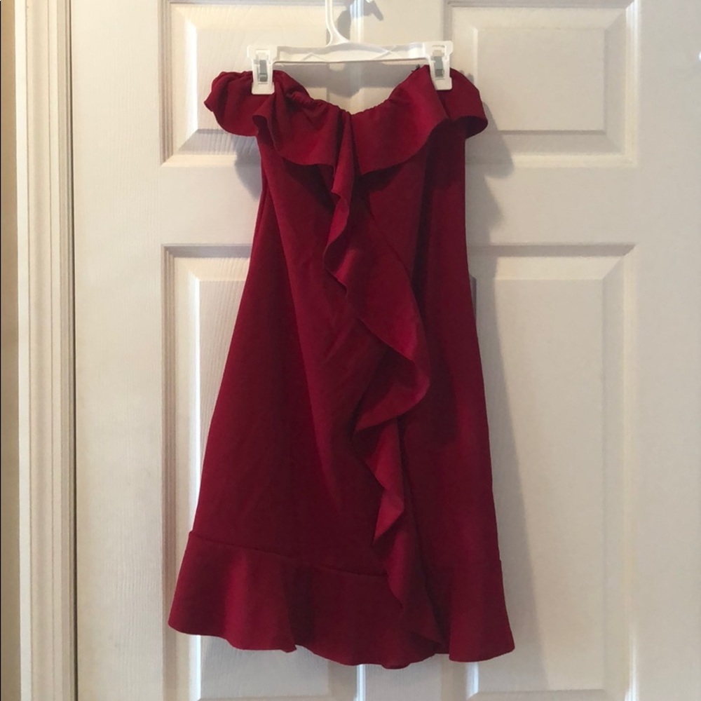 Ruffled red strapless mini dress